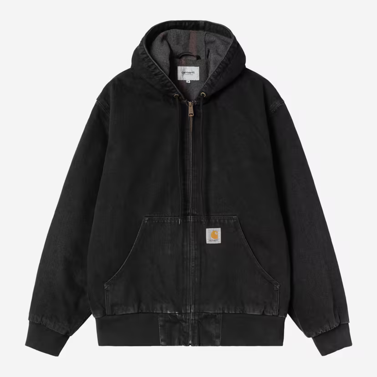 Veste OG Active Carhartt WIP en denim noir Stone Washed, capuche doublée flanelle rayée, à plat de face
