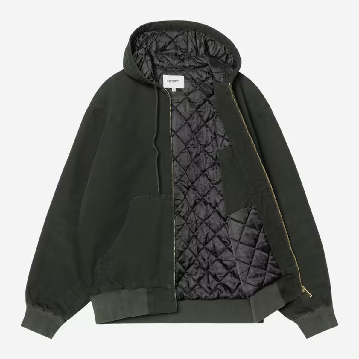 Veste OG Active Carhartt WIP ouverte : doublure matelassée losanges noire, zip laiton, poche kangourou