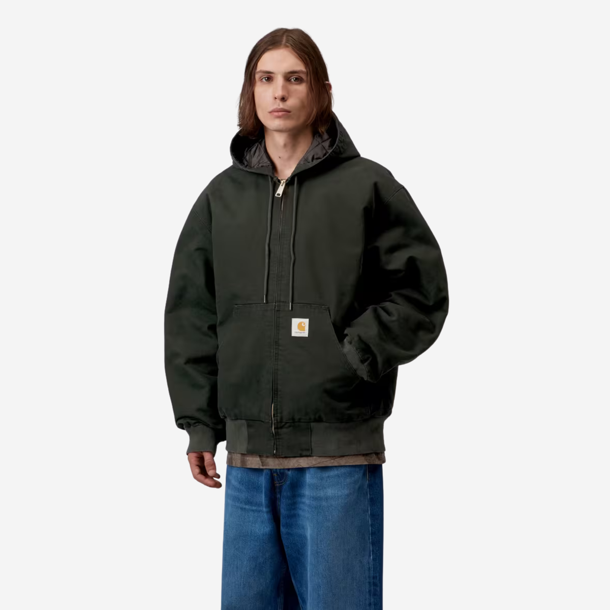 Veste OG Active Carhartt WIP en toile Dearborn vert sapin portée fermée, poche kangourou