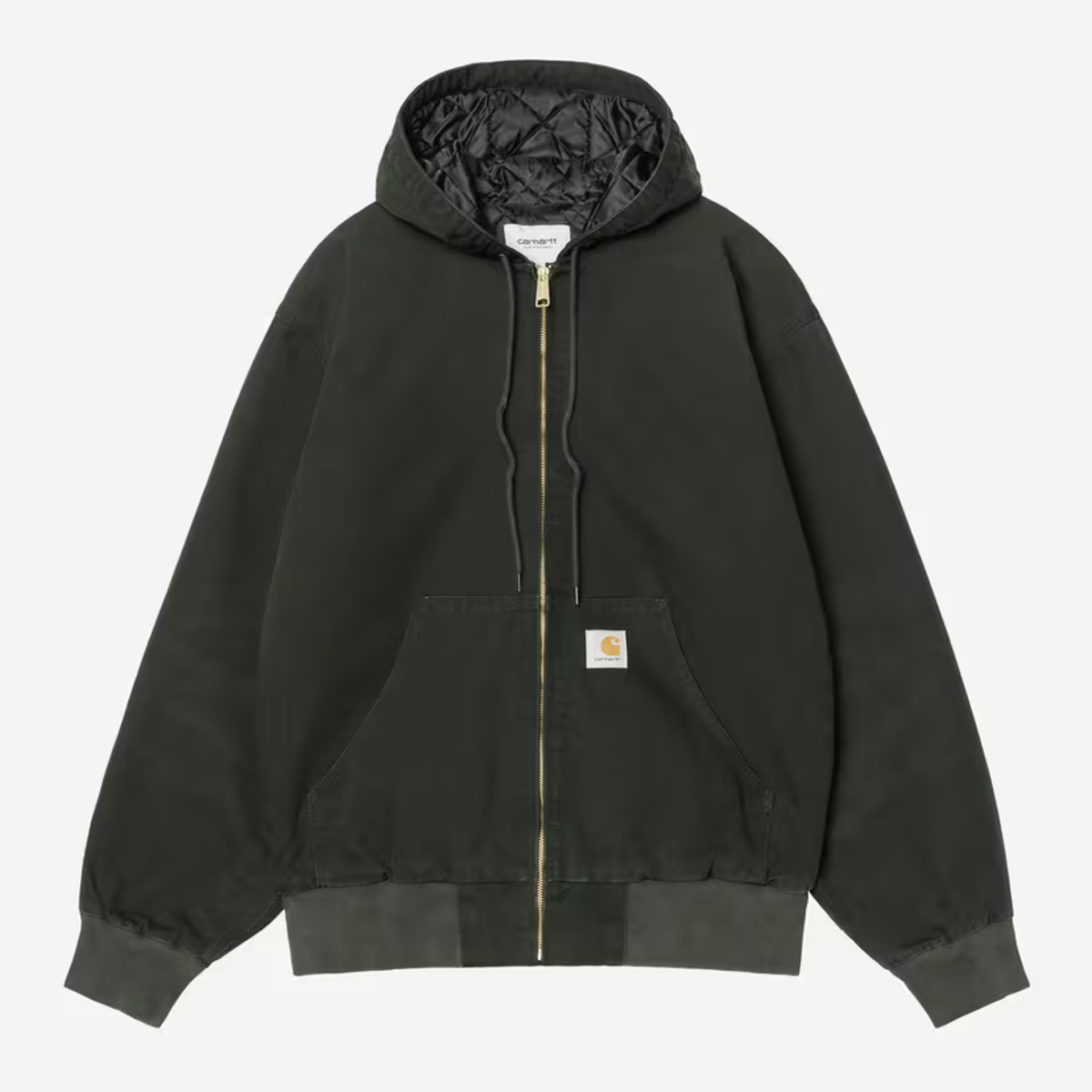 Veste OG Active Carhartt WIP en toile Dearborn vert sapin Raven, capuche doublée matelassée noire, à plat