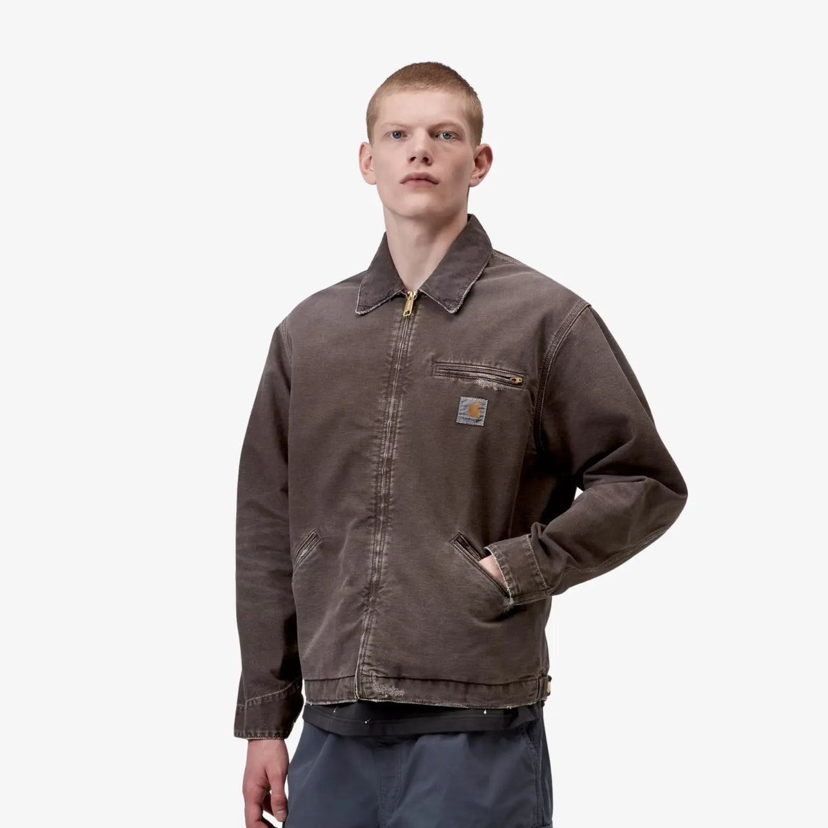 OG Detroit Jacket de trois quarts, poche poitrine zippée et étiquette Square Label sur la toile usée
