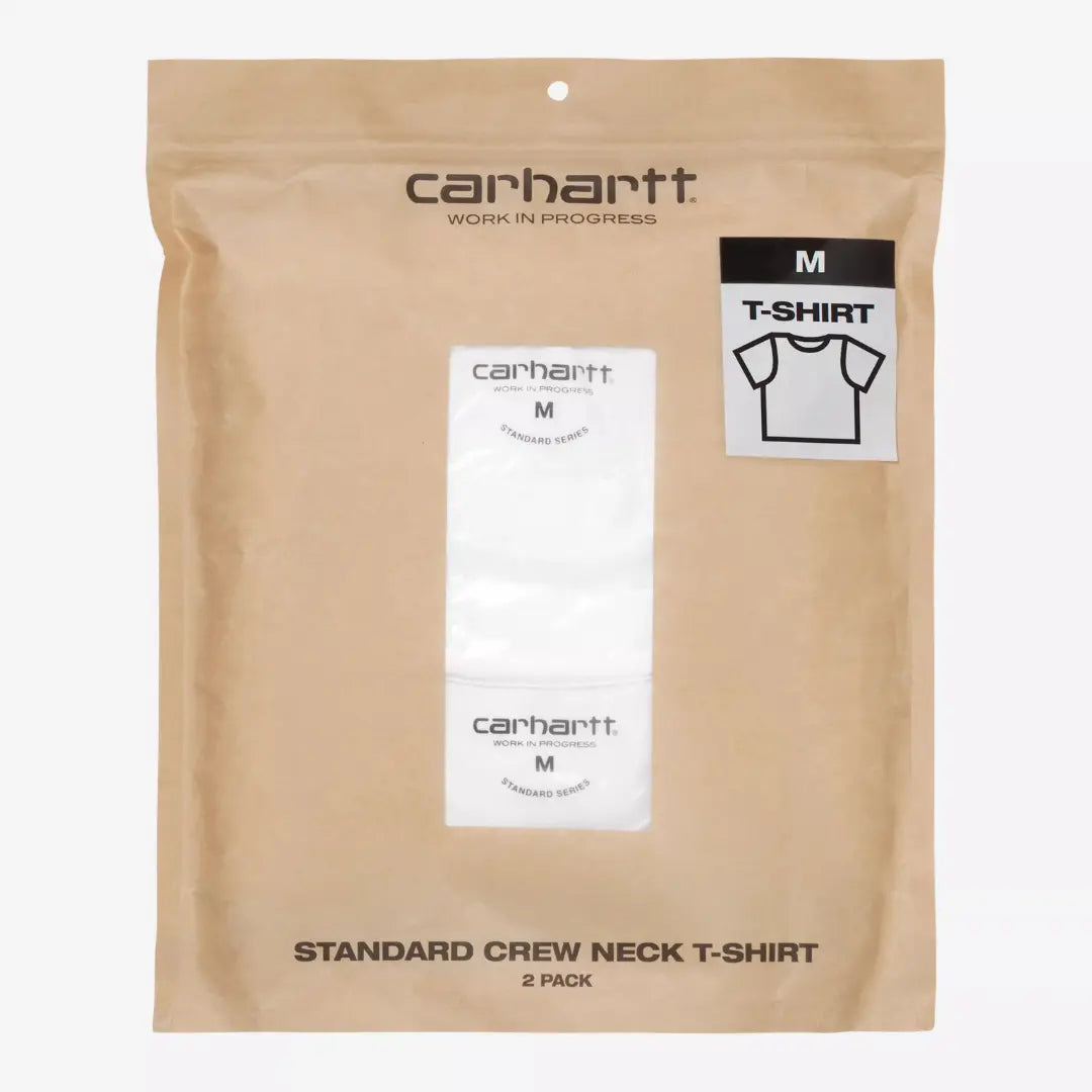 Pochette kraft Standard Crew Neck 2 Pack, fenêtre ouverte sur les deux t-shirts blancs pliés en taille M