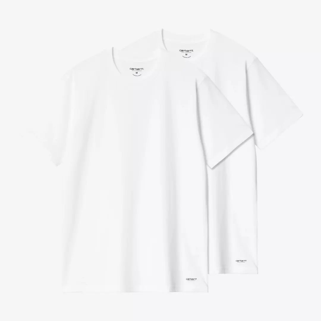 Les deux t-shirts blancs identiques à plat, col rond et logo Carhartt imprimé en noir sur l'ourlet avant