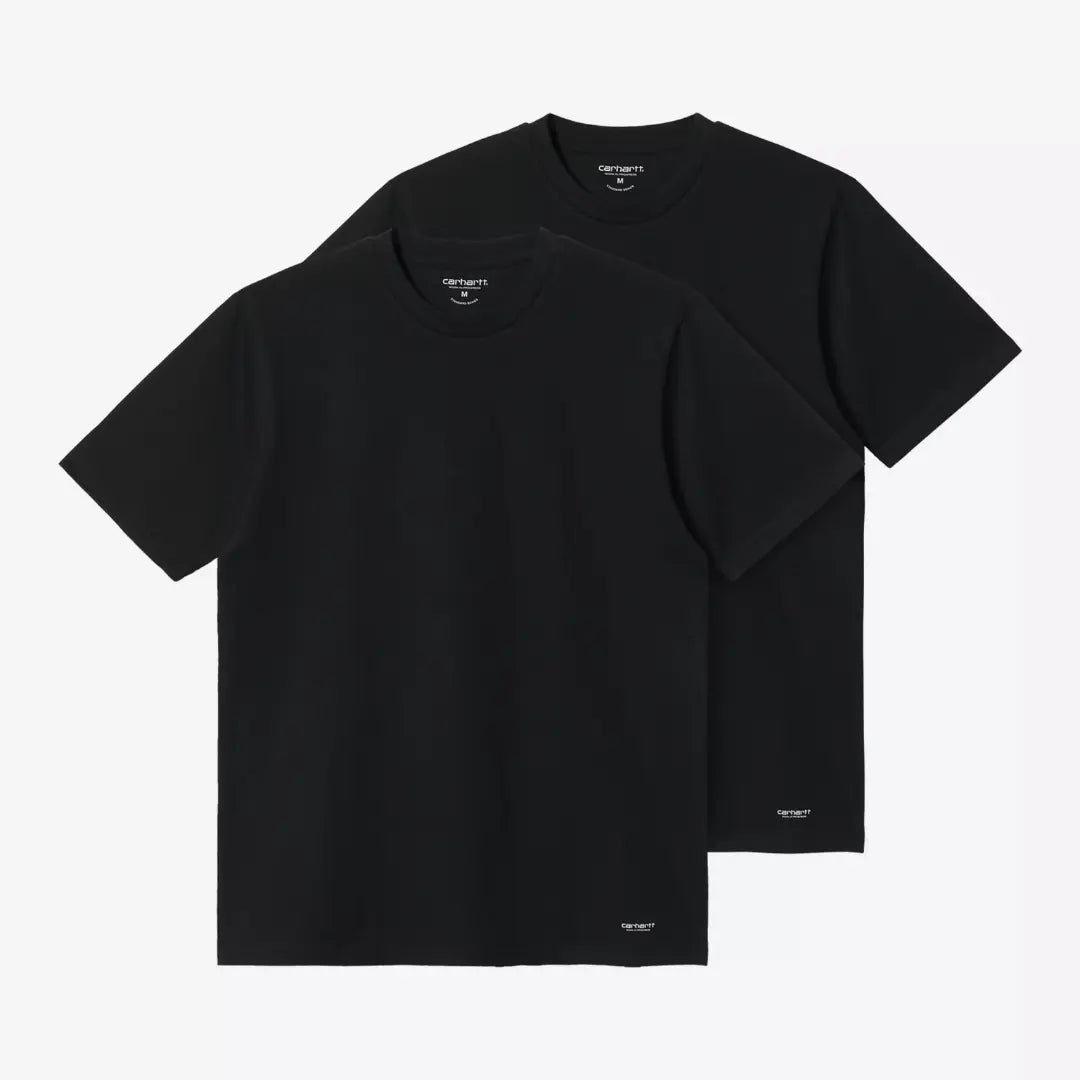 Les deux t-shirts noirs identiques posés à plat, logo Carhartt imprimé en blanc au bas du devant