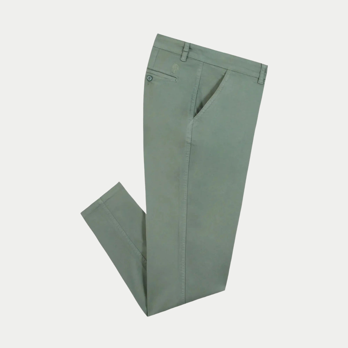 Pantalon Brix vert clair plié en biais, poche cavalière et broderie arbre ton sur ton