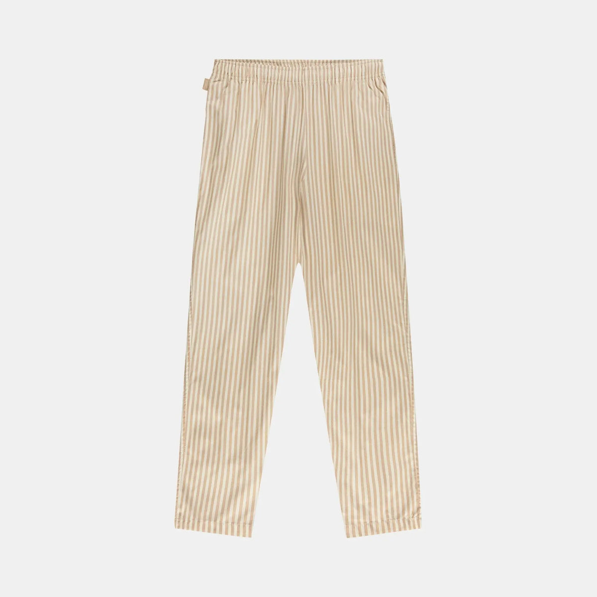 Pantalon de pyjama à fines rayures sable sur fond crème, taille élastiquée et poches latérales, à plat