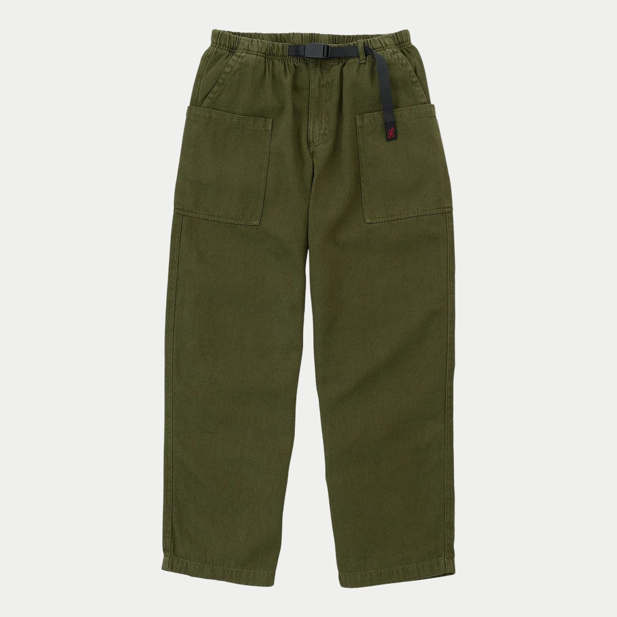 Pantalon Relaxed Hemp Olive Gramicci - packshot face à plat, ceinture sanglée nylon et poches plaquées