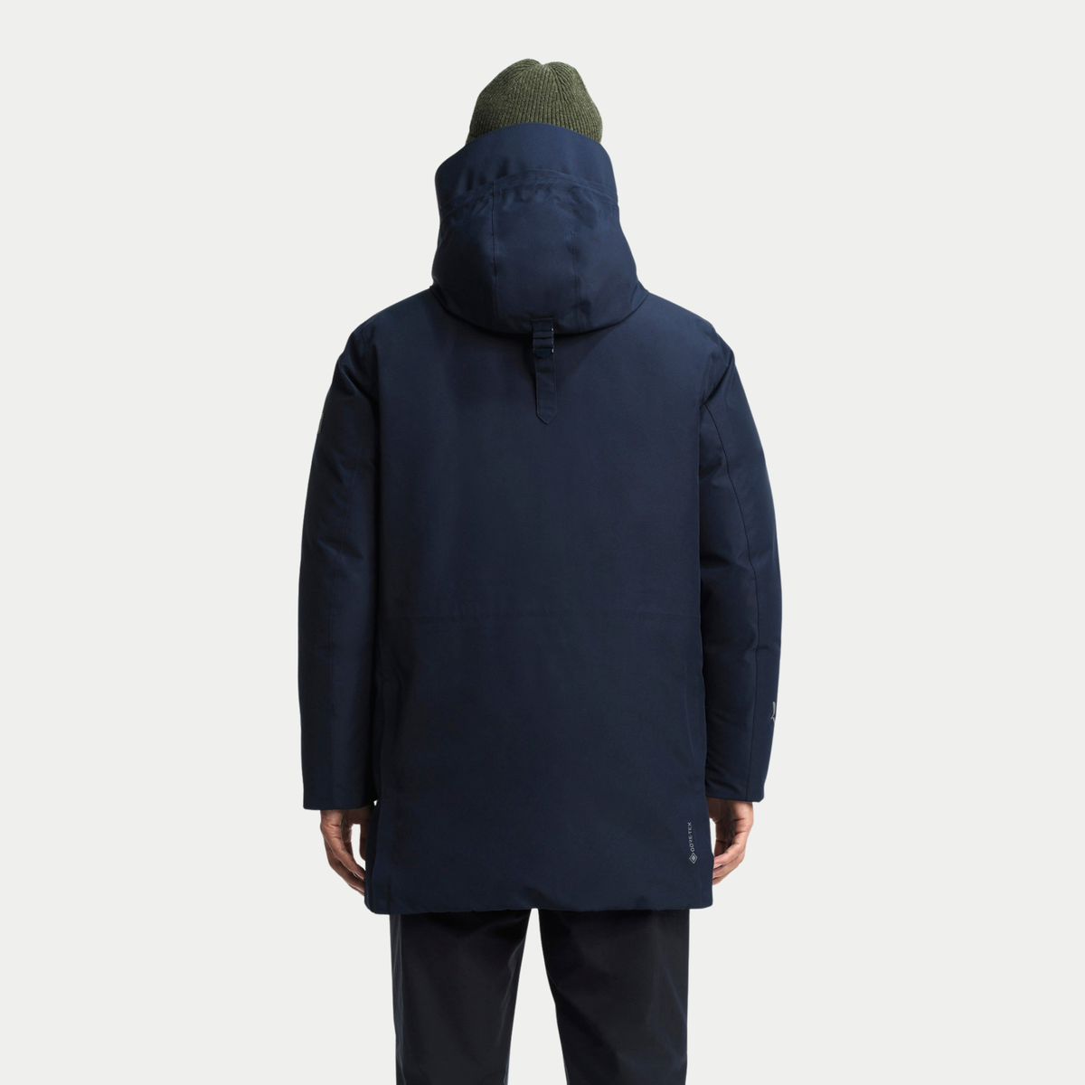 Parka duvet bleu marine vue de dos, capuche rabattue