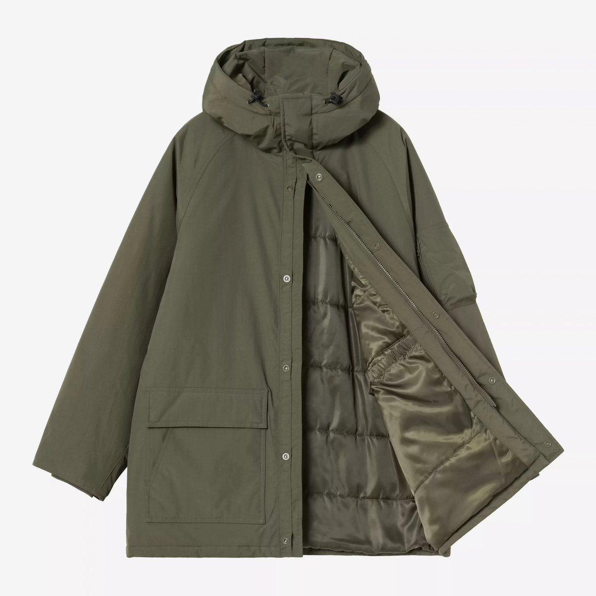 Parka Stanwood Carhartt WIP Cypress ouverte : zip double sens, patte à pressions et doublure matelassée