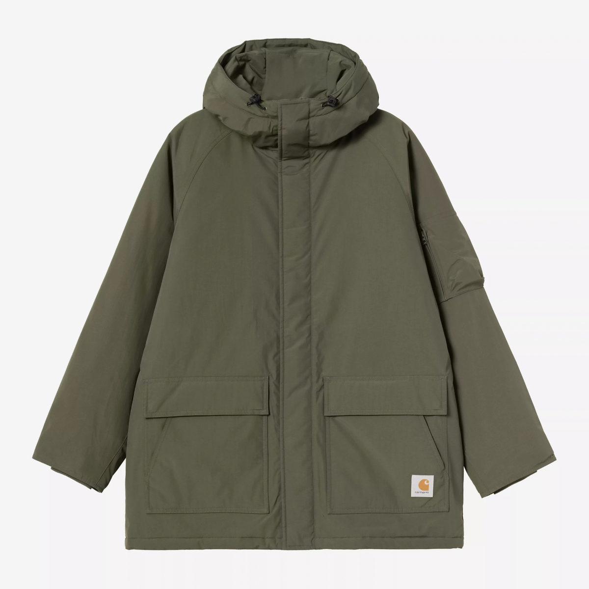 Parka Stanwood Carhartt WIP Cypress vert kaki vue de face à plat, capuche, deux poches à rabat et Square Label