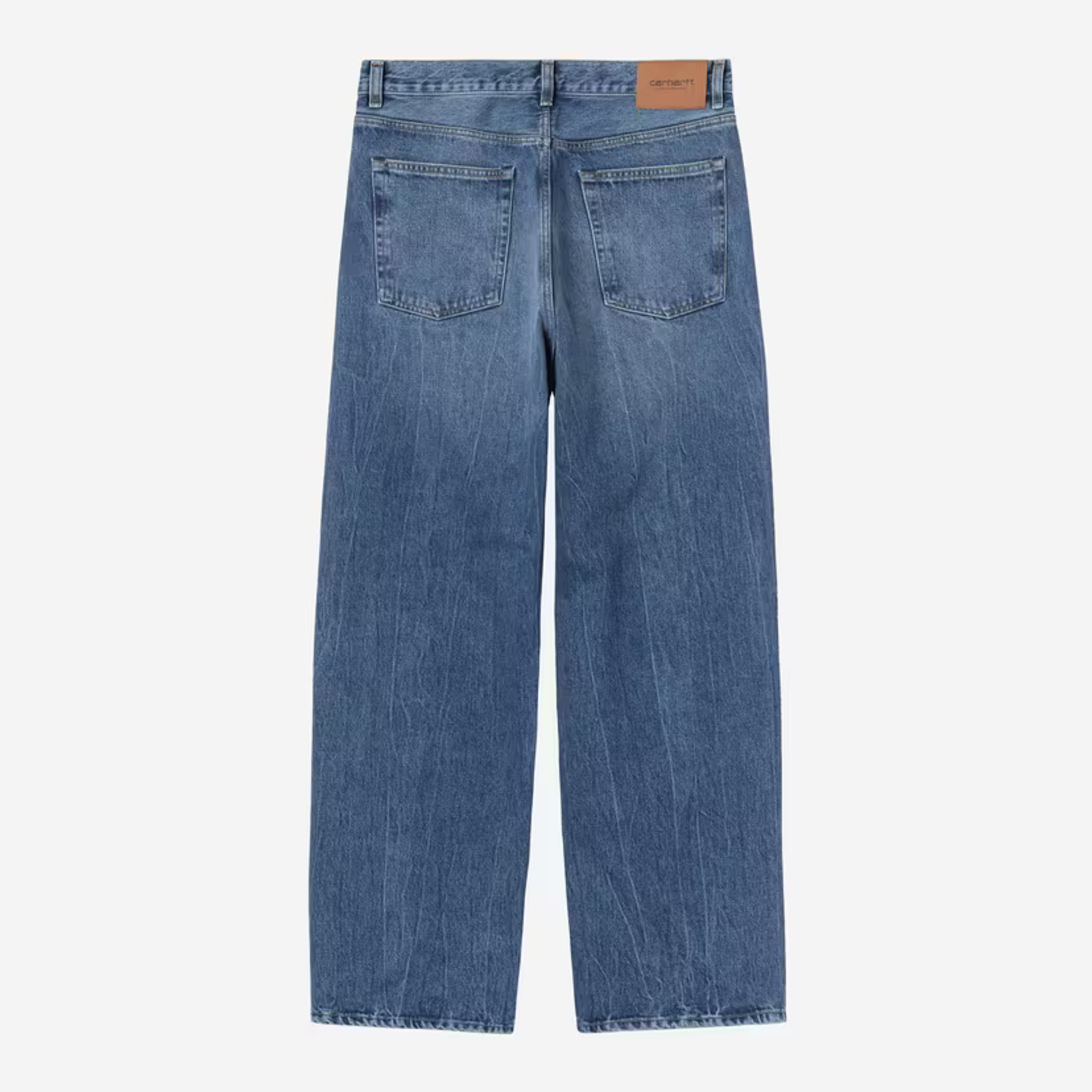 Jean Payson Carhartt WIP Blue Marble Used Wash vu de dos, patch cuir Carhartt et poches plaquées