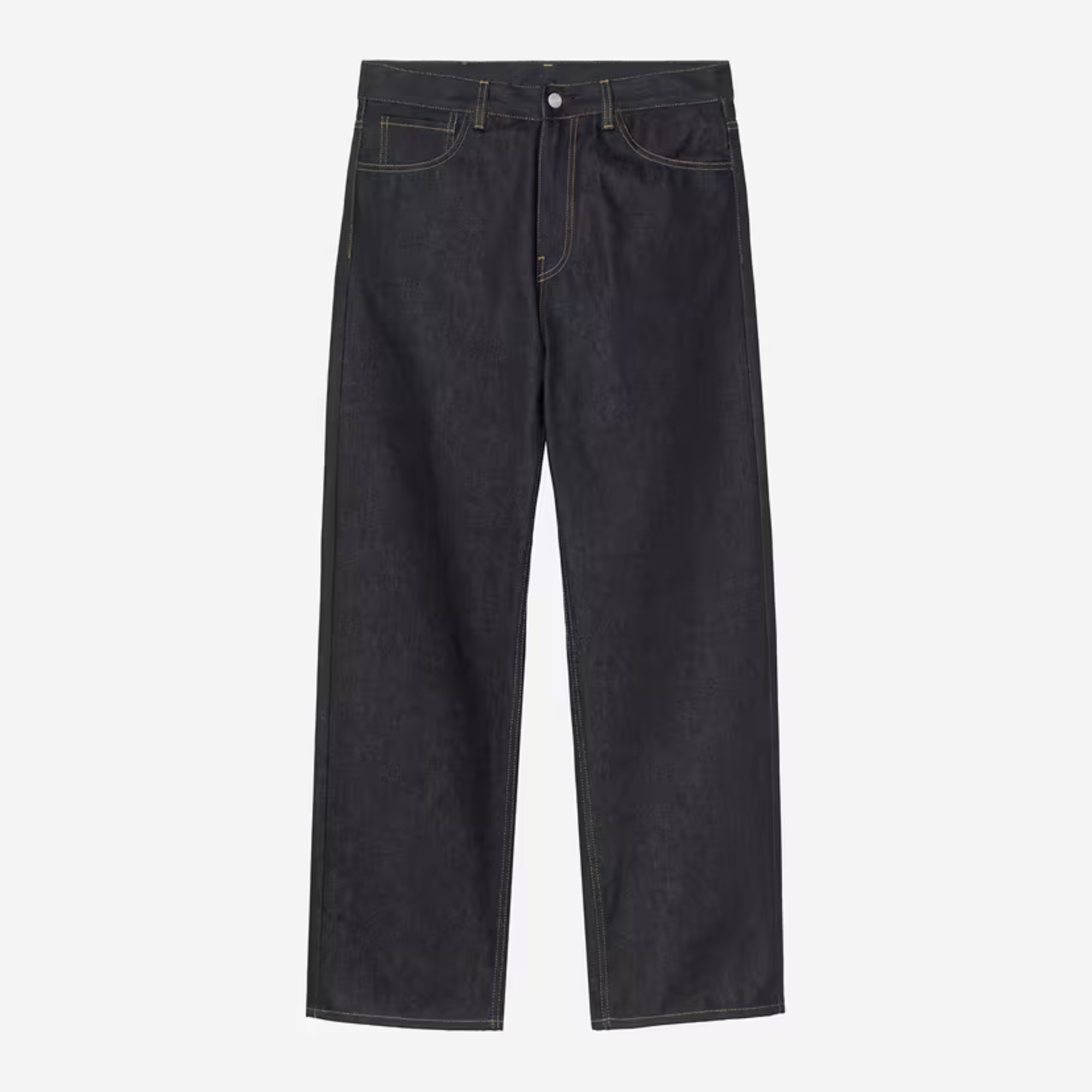 Jean Payson Carhartt WIP Blue Rigid, denim brut indigo foncé, surpiqûres ocre et cinq poches, vu de face