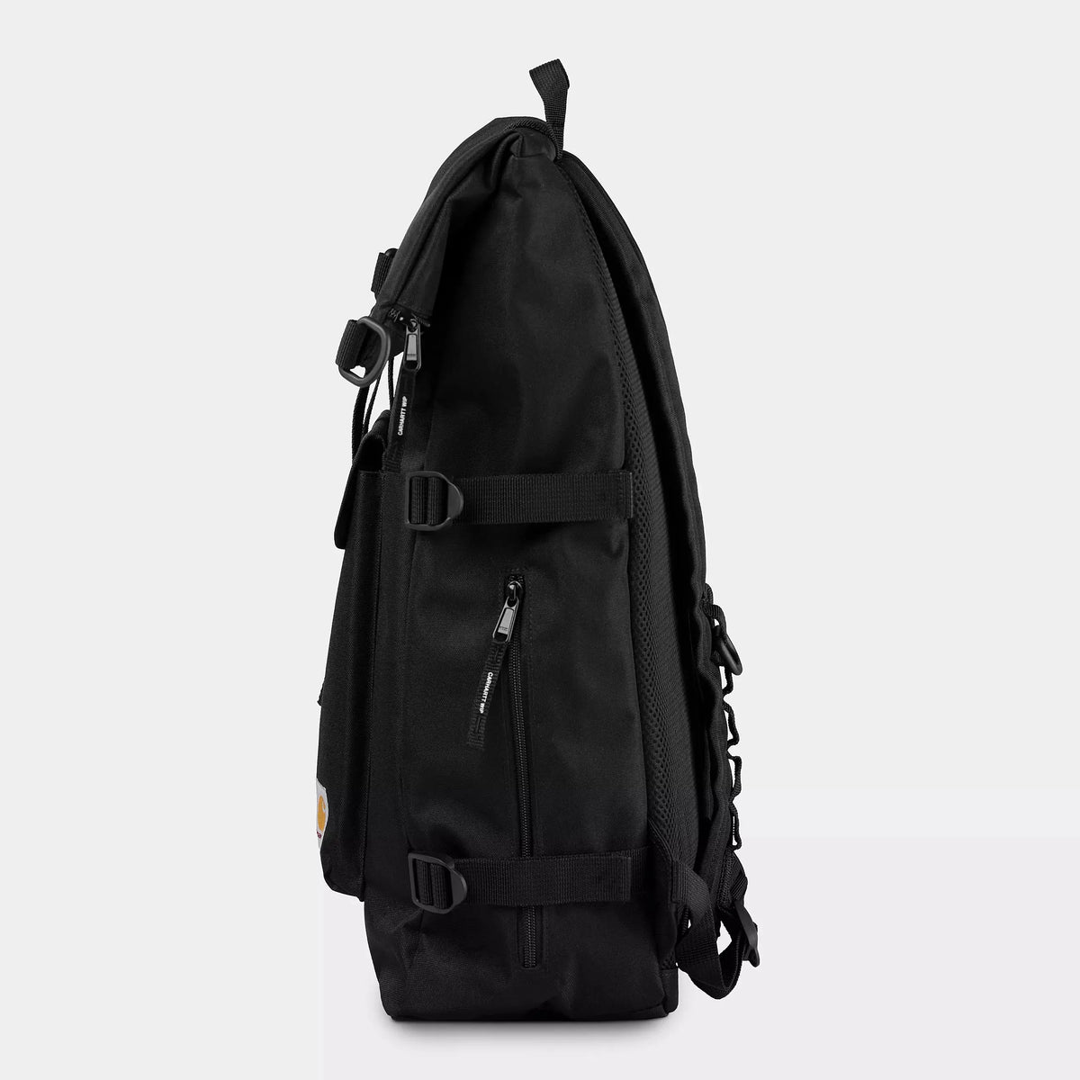 Profil du sac à dos Philis noir : zip d'accès latéral, sangles de compression et bretelle matelassée