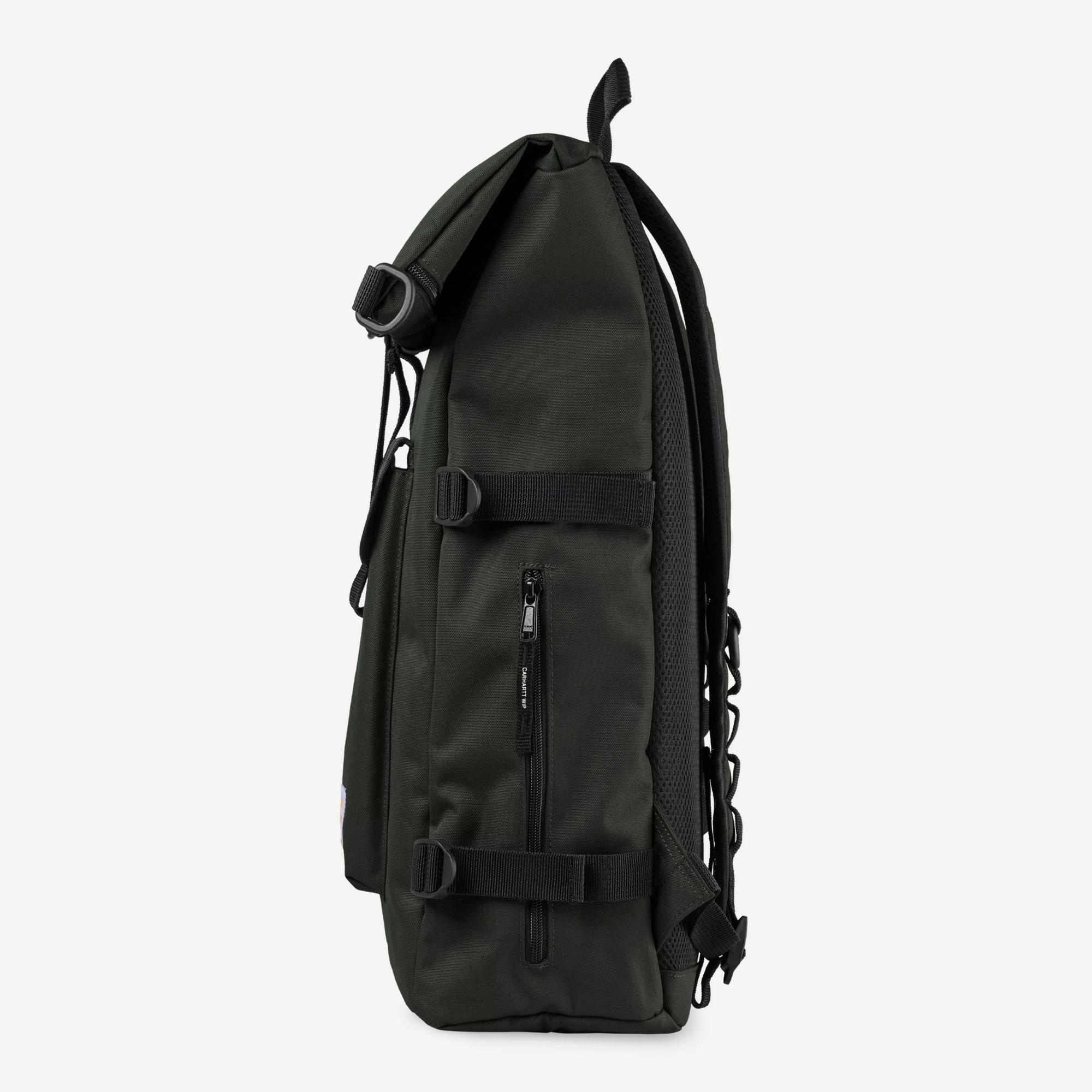 Profil du sac à dos Philis Carhartt WIP Raven, poche filet latérale et sangles de compression