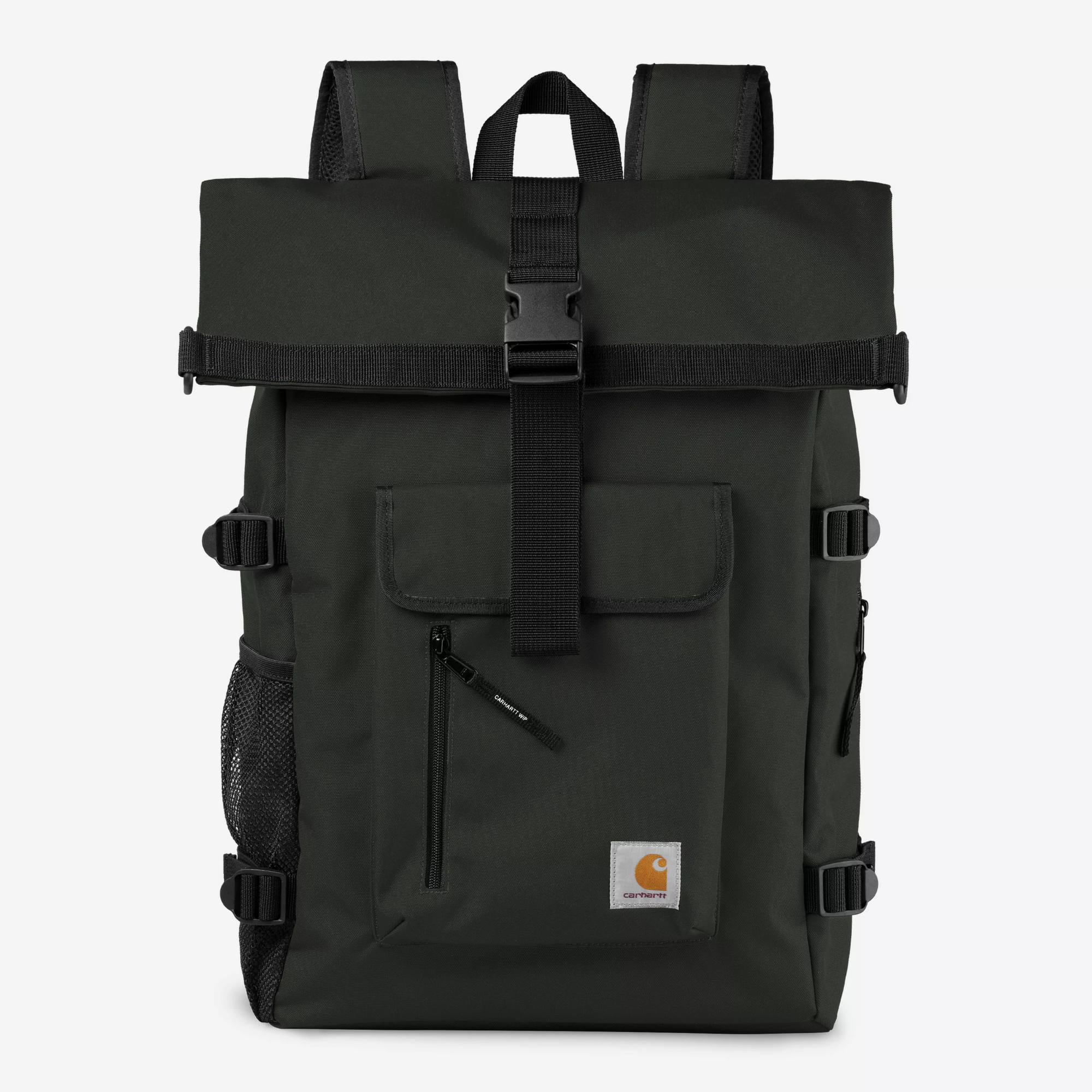 Sac à dos Philis Carhartt WIP vert Raven, rabat sanglé, poche avant zippée et Square Label, vue de face