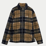 Polaire Sherpa Barbour tartan beige, marine et gris - à plat de face, zip fermé et tirette anneau