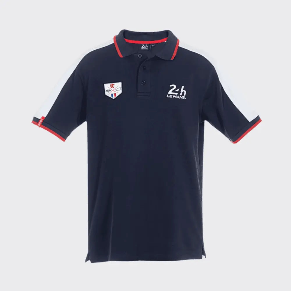 Polo bleu marine 24h Le Mans à plat, col boutonné liseré de rouge, empiècements blancs et écusson brodé