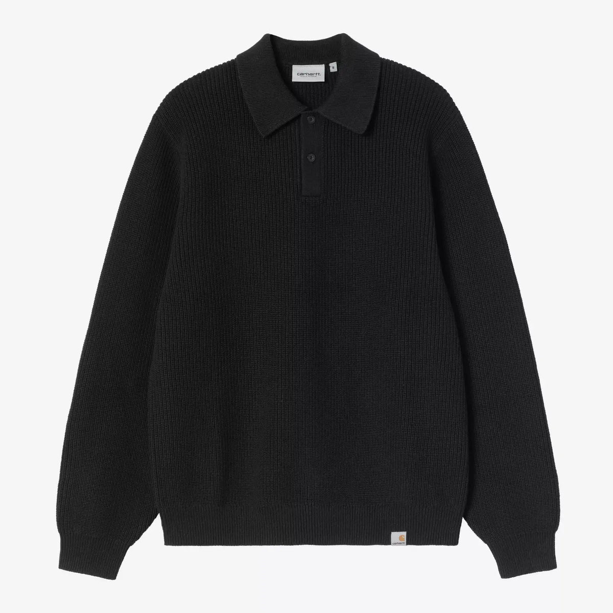 Polo Miles noir à plat, maille côtelée épaisse, col chemise tricoté et patte à deux boutons ton sur ton