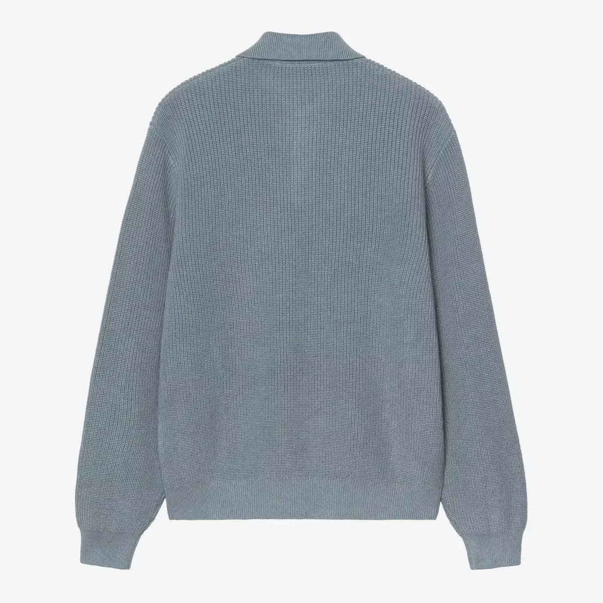 Dos à plat du polo Miles bleu-gris, colonnes de côtes régulières et col rabattu tricoté d'une seule pièce