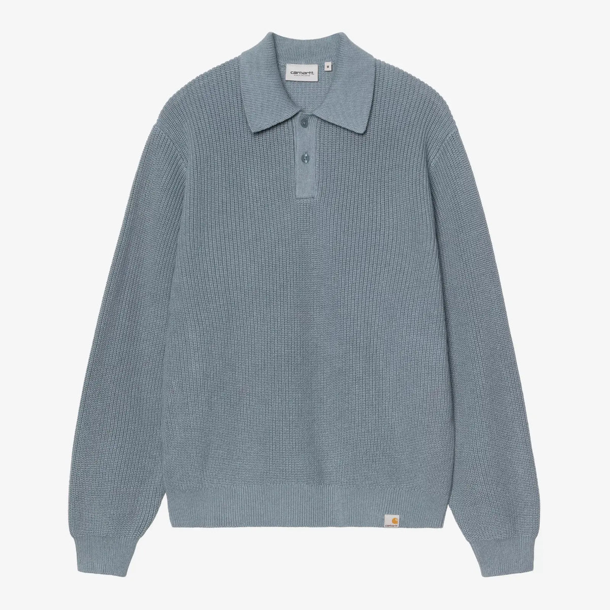 Polo Miles bleu-gris clair à plat, côtes anglaises en relief, boutons ton sur ton et étiquette sur l'ourlet