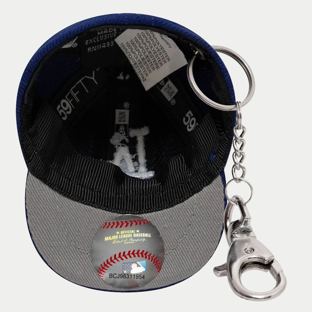 Porte-clés Mini Casquette LA Dodgers New Era - intérieur retourné, doublure grise, étiquette 59FIFTY et sticker de visière