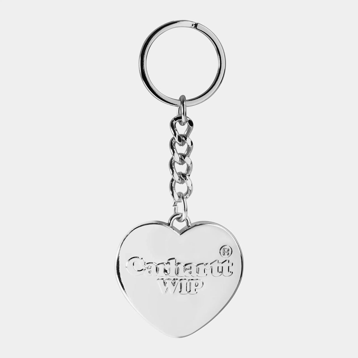 Porte-clés en forme de coeur en métal argenté poli, lettrage en relief, chaîne gourmette et grand anneau