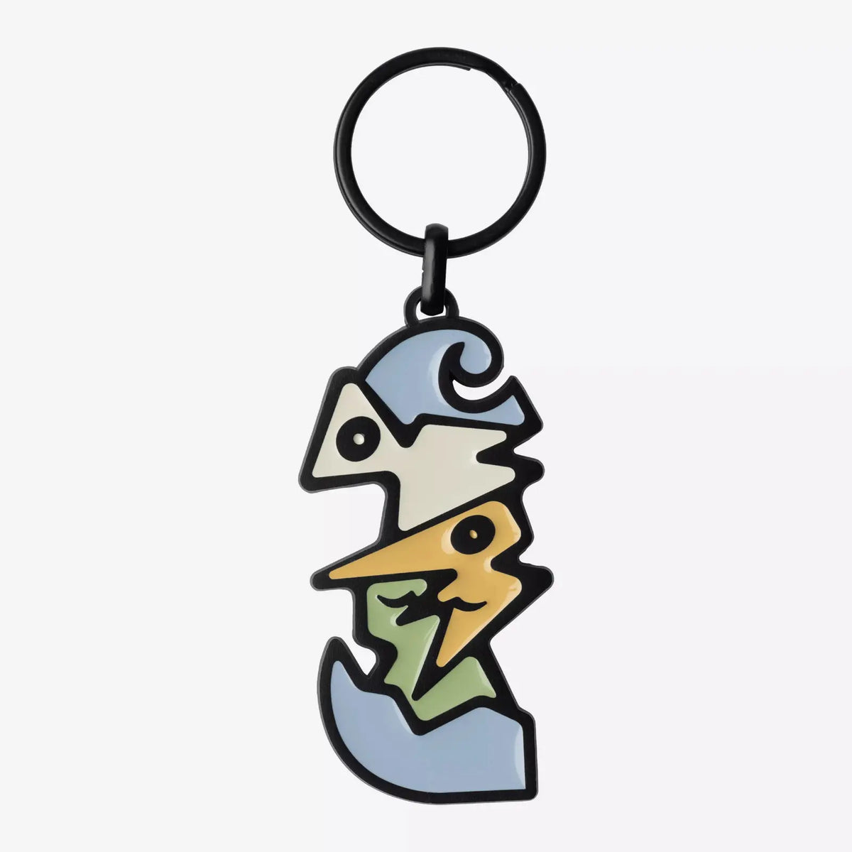 Porte-clés Cubist en métal émaillé, visage cubiste bleu ciel, écru, jaune moutarde et vert sauge, anneau noir