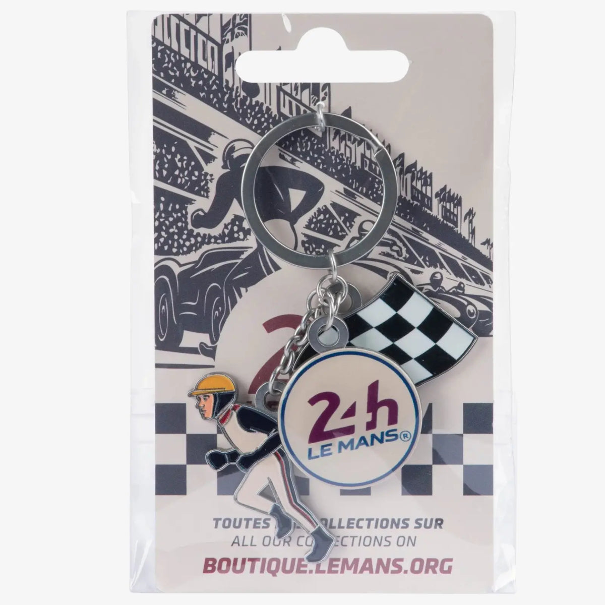 Porte-clés 24H du Mans dans son emballage, sur carte illustrée d'une voiture de course rétro et d'un damier noir et blanc