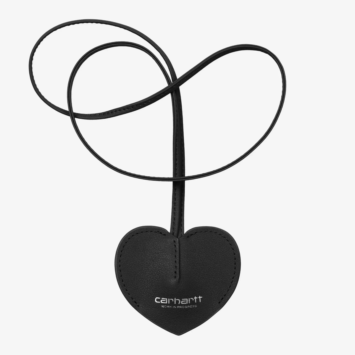 Porte-clés Hartt Key Bell noir : cœur en cuir lisse rembourré, signature argentée et longue lanière fine enroulée
