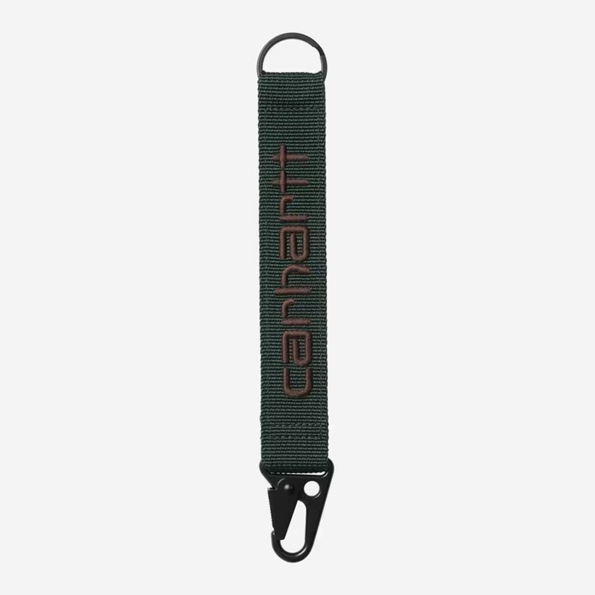 Porte-clés Jaden Dark Scarab Carhartt WIP : sangle tissée vert sapin sombre, Script brodé brun, mousqueton pince noir