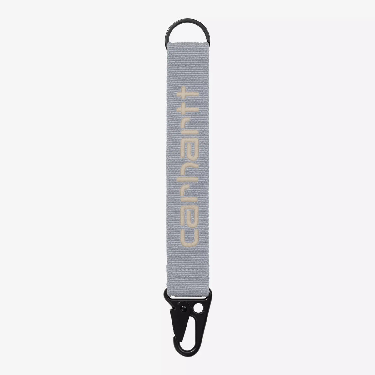 Porte-clés Jaden Mirror Carhartt WIP : sangle tissée gris perle neutre, Script brodé beige crème, mousqueton pince noir