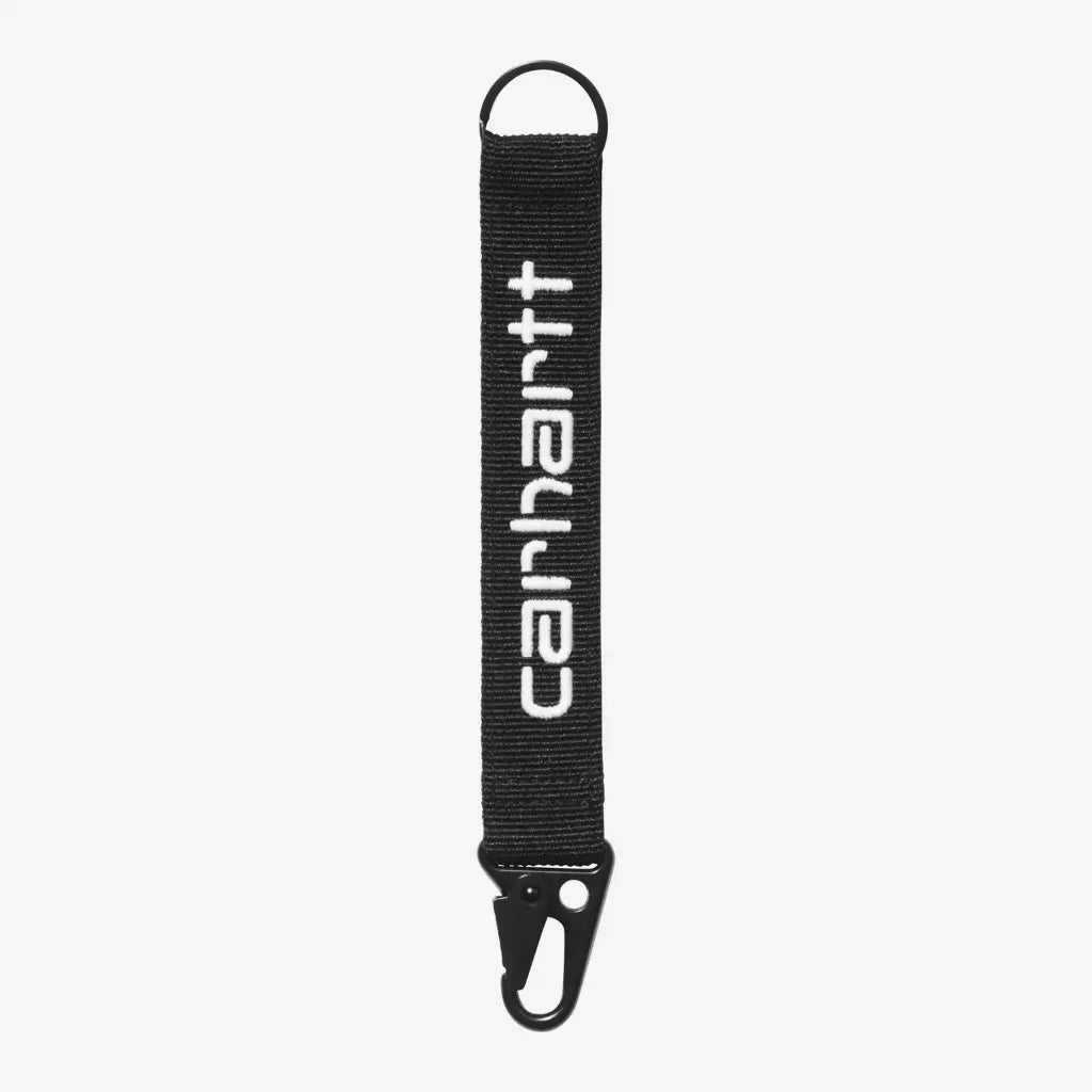 Porte-clés Jaden noir Carhartt WIP : sangle tissée noire, Script brodé blanc, anneau en D et mousqueton pince noirs
