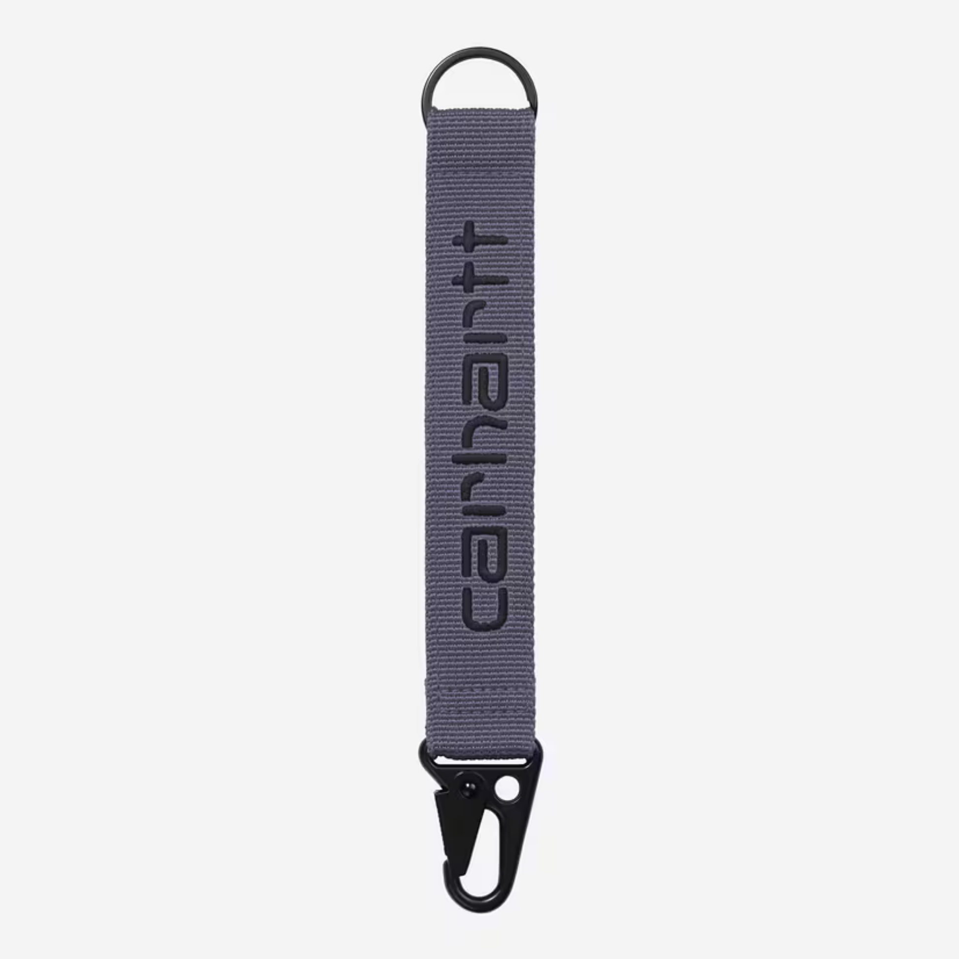 Porte-clés Jaden Shady Purple Carhartt WIP : sangle polyester violet grisé ardoise, Script brodé bleu marine, mousqueton noir
