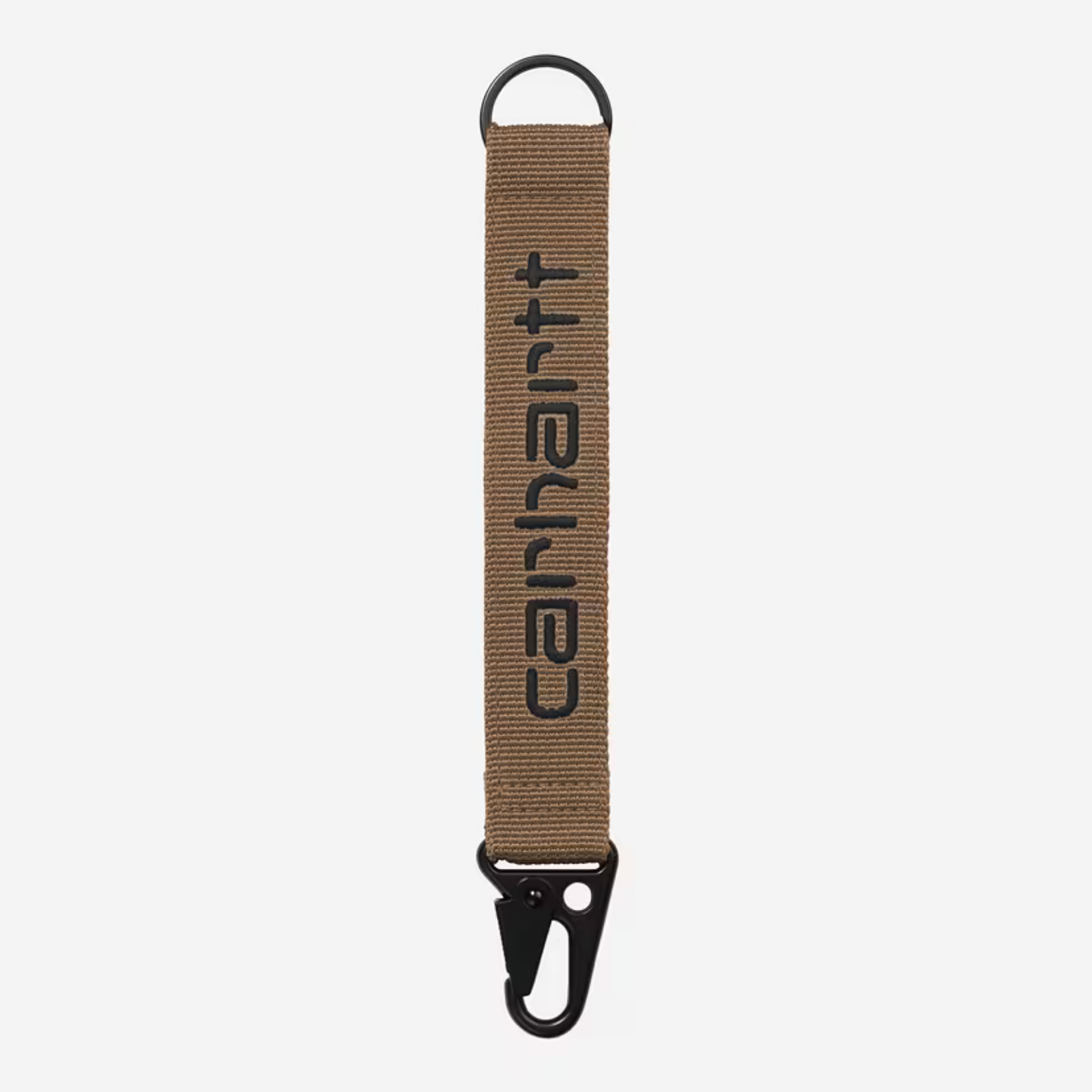 Porte-clés Jaden WIP H Brown Carhartt WIP : sangle polyester marron, Script brodé noir, anneau en D et mousqueton noirs