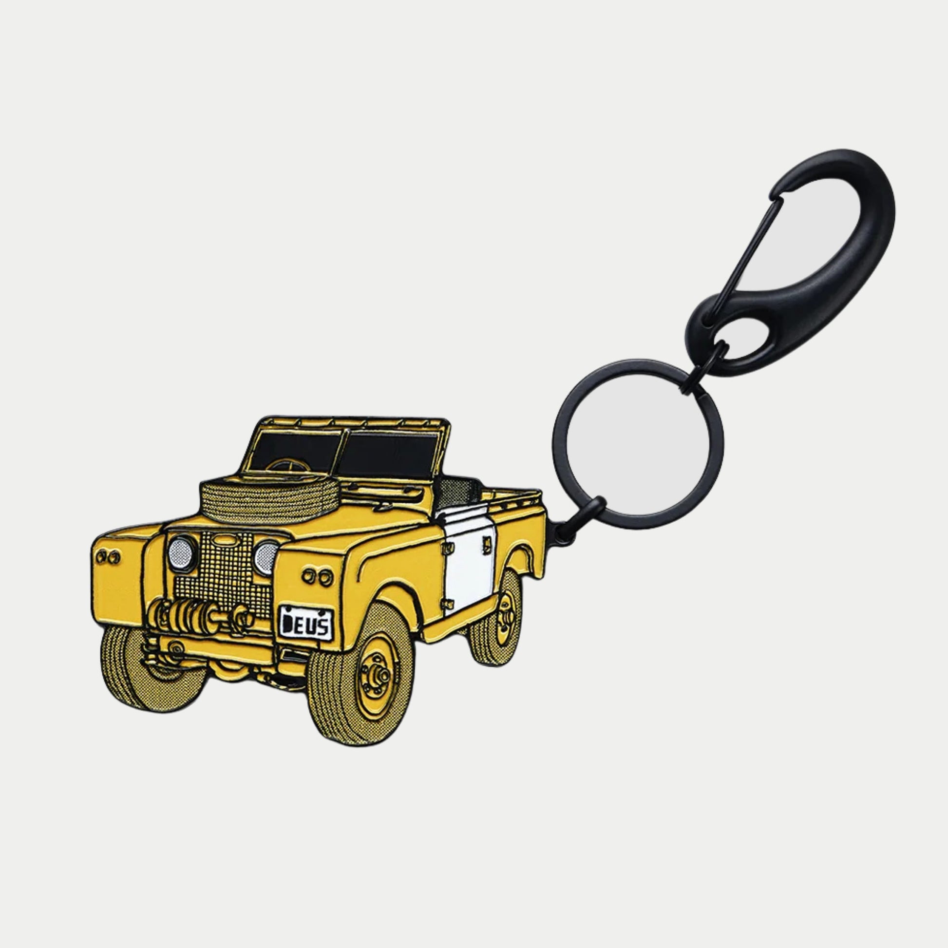 Porte-clés Landie Deus Ex Machina, plaque émaillée jaune en silhouette de véhicule, portière blanche, mousqueton noir mat