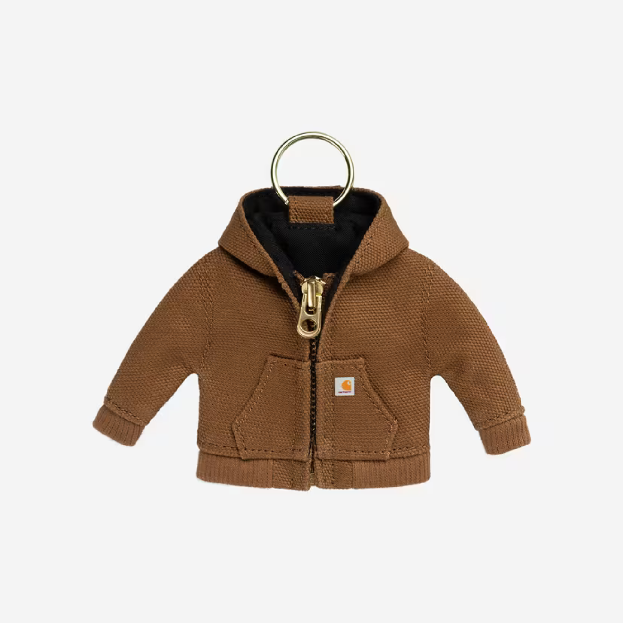 Porte-clés Mini Active Jacket Hamilton Brown Carhartt WIP vu de face : toile brune, zip et anneau dorés, étiquette Carhartt