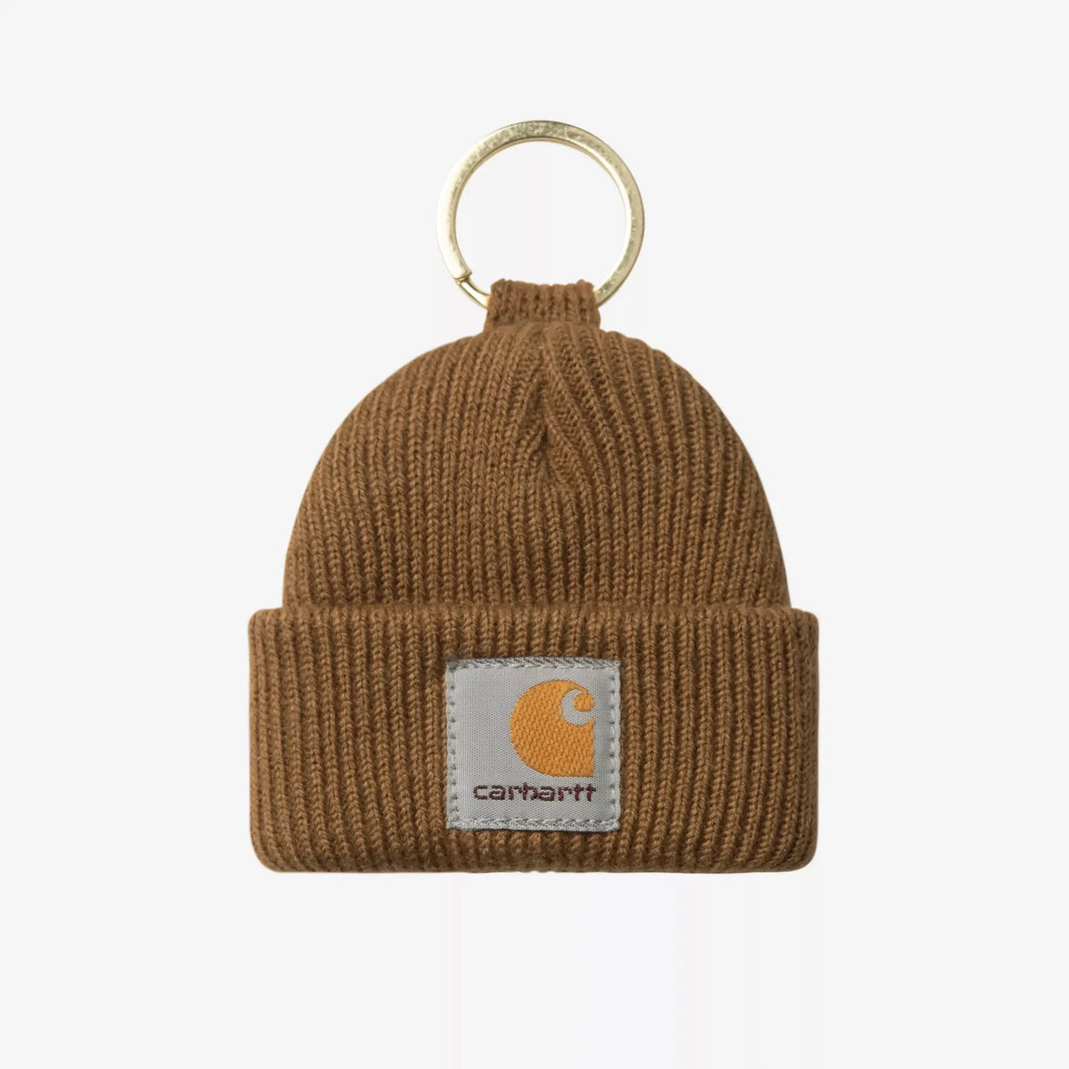 Porte-clés mini bonnet en maille côtelée brun caramel, revers à patch carré et grand anneau métal doré