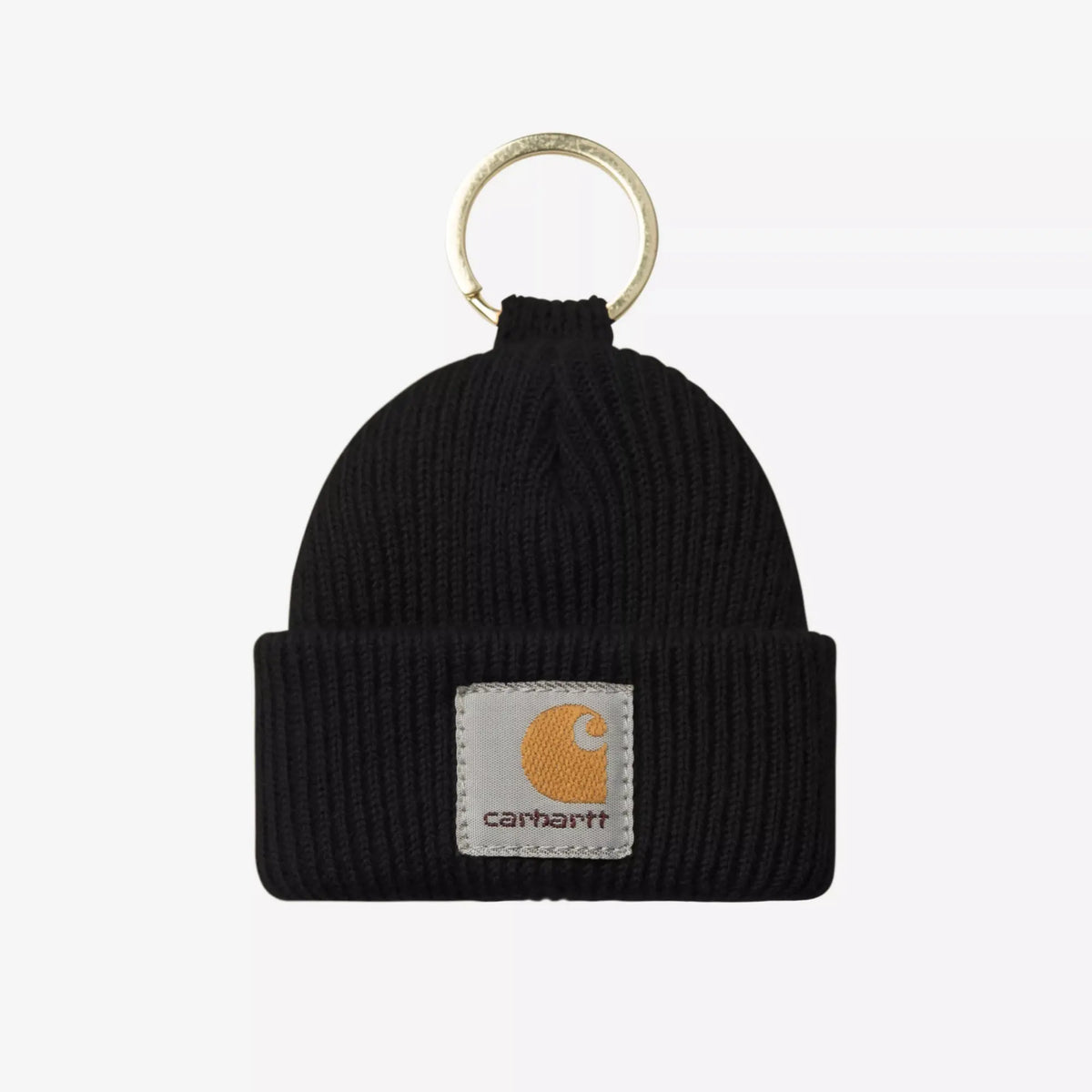 Porte-clés mini bonnet en maille côtelée noire, patch carré cousu sur le revers et anneau métal doré