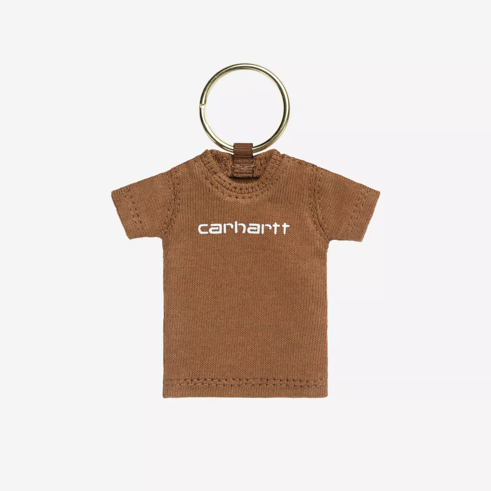 Porte-clés Carhartt WIP mini T-shirt Hamilton Brown, logo script blanc sur jersey brun caramel, anneau doré, vu de face