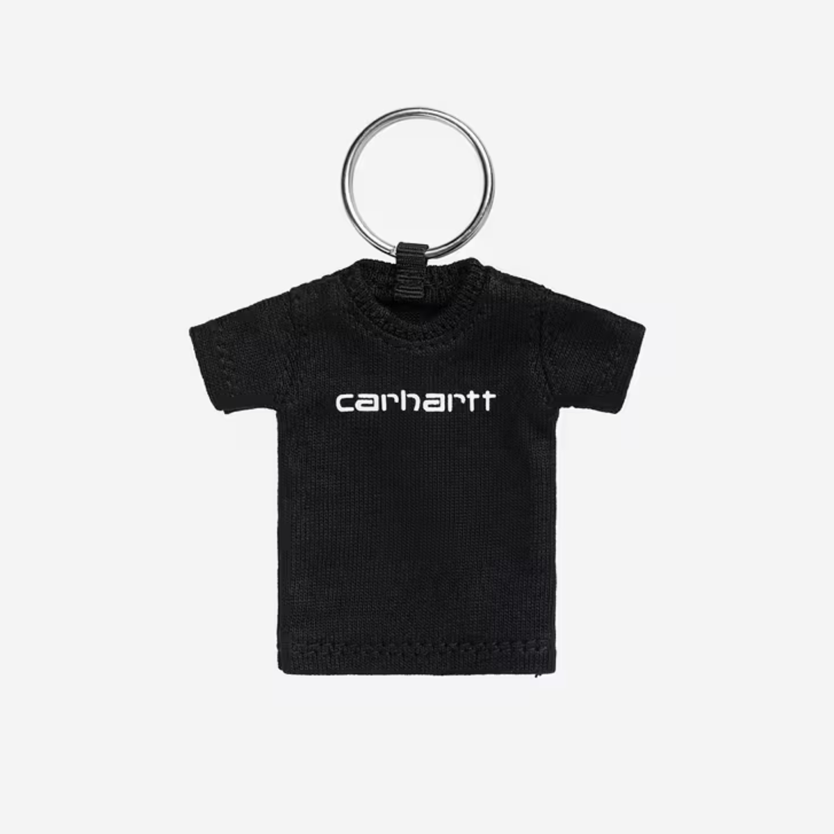 Porte-clés Carhartt WIP mini T-shirt noir, logo script blanc sur jersey, anneau métal argenté, vu de face