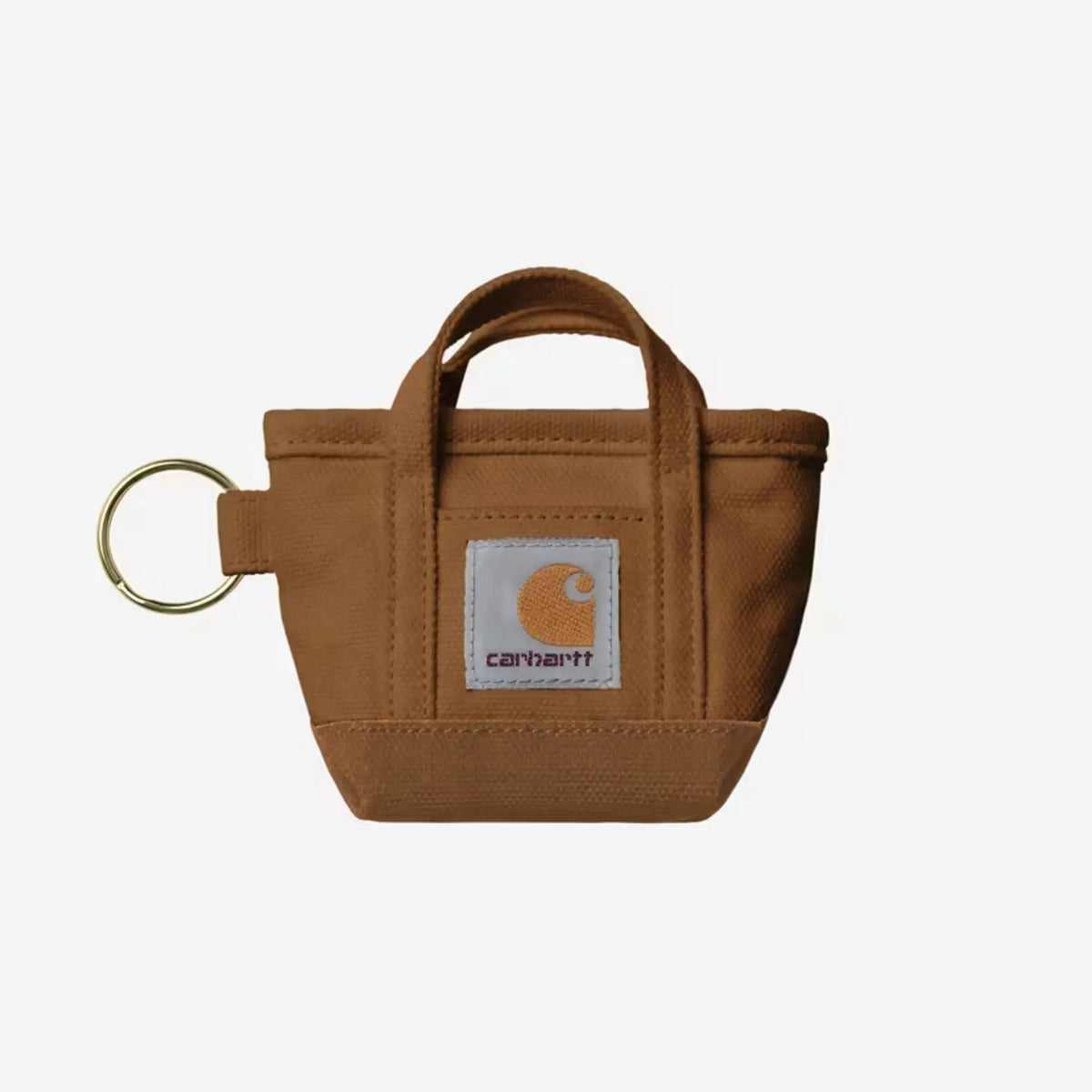 Porte-clés Mini Tote Bag Hamilton Brown : miniature en toile duck brun caramel, anses, étiquette carrée cousue