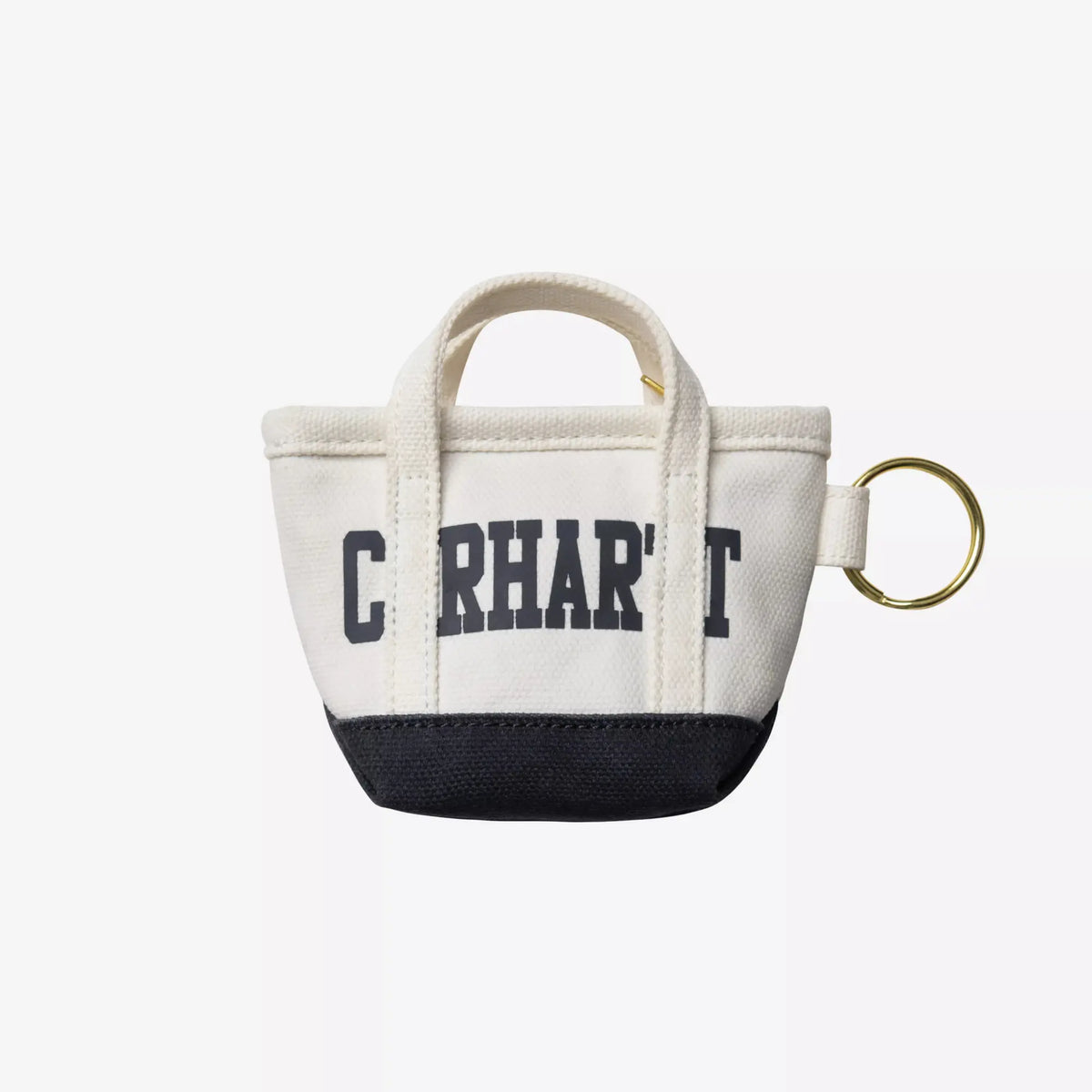 Revers du Porte-clés Mini Tote Bag écru : lettrage collégial marine imprimé, anneau porte-clés laiton latéral