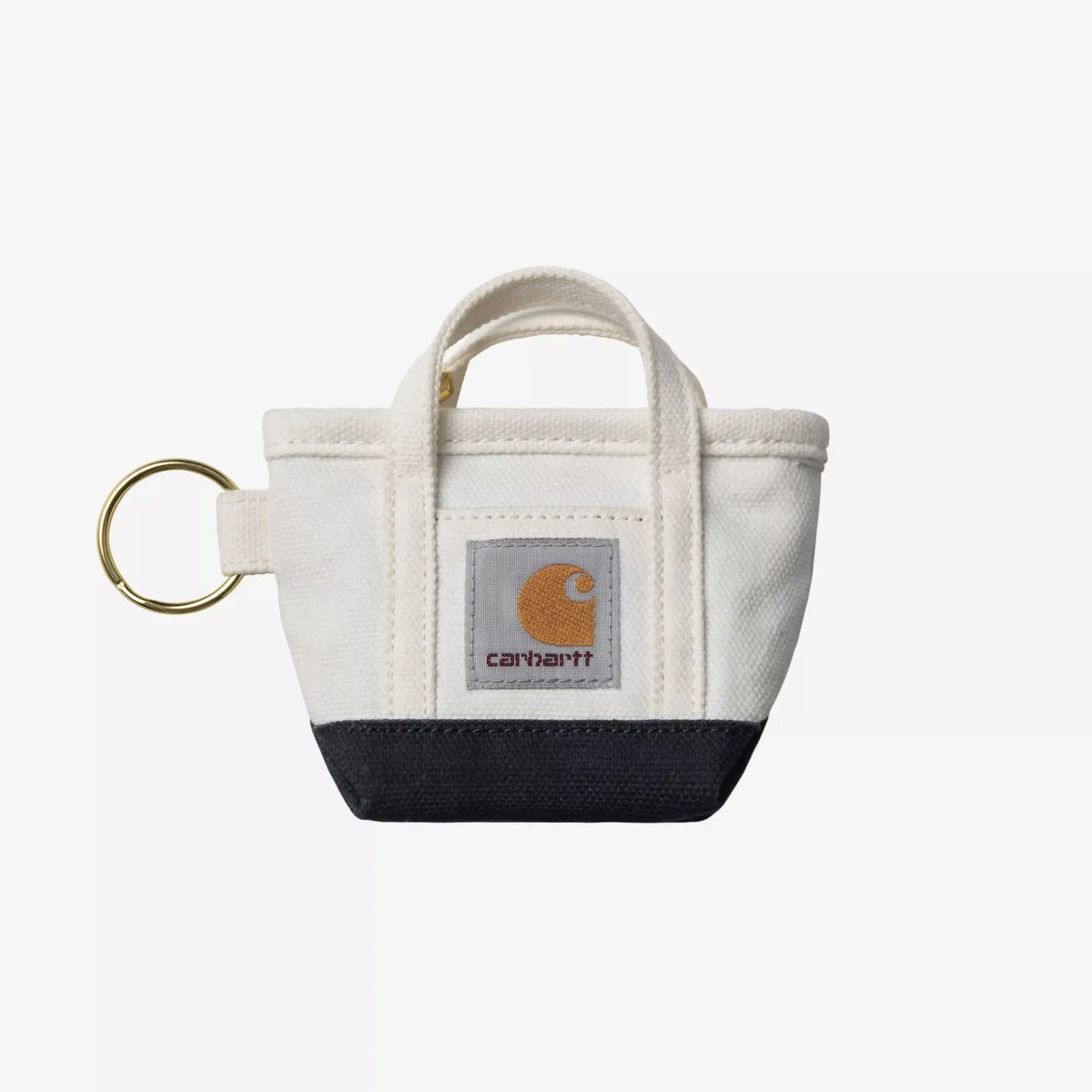 Porte-clés Mini Tote Bag Naturel : miniature en toile écrue à base bleu marine, anses, étiquette carrée cousue
