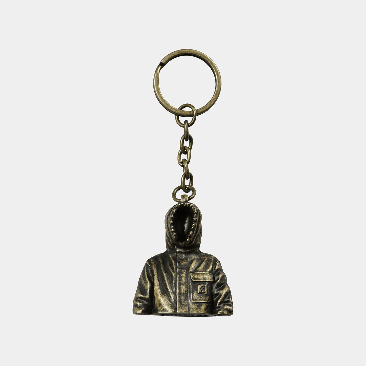 Porte-clés miniature de parka à capuche en métal laiton vieilli, plis sculptés et petit écusson carré