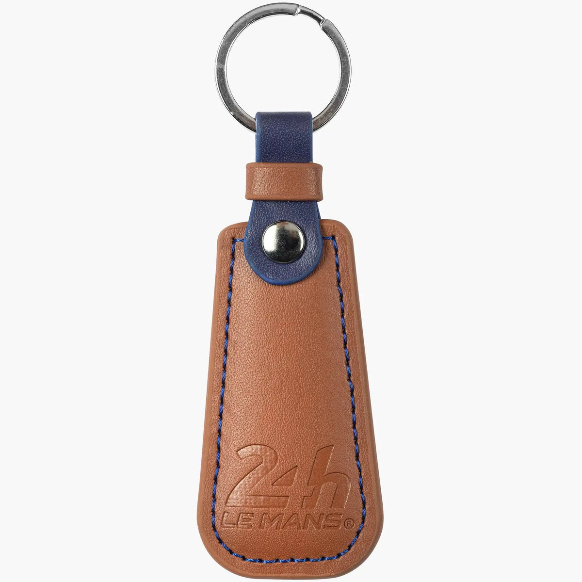Porte-clés en simili cuir marron, logo 24h embossé, languette bleu marine, bouton pression et surpiqûre bleu roi