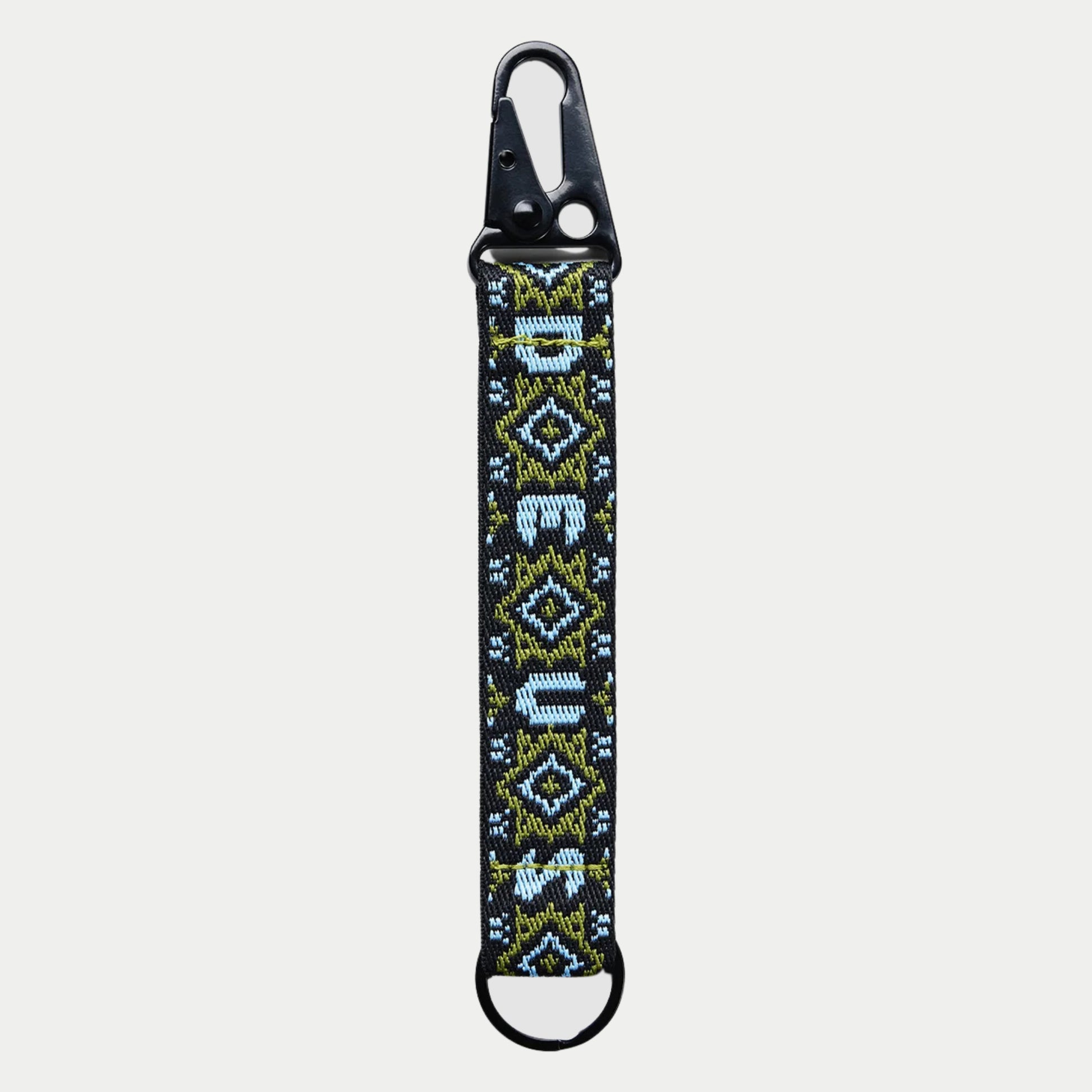 Porte-clés Utah : sangle tissée noire à jacquard olive et bleu ciel, DEUS vertical, mousqueton à ressort et anneau en D