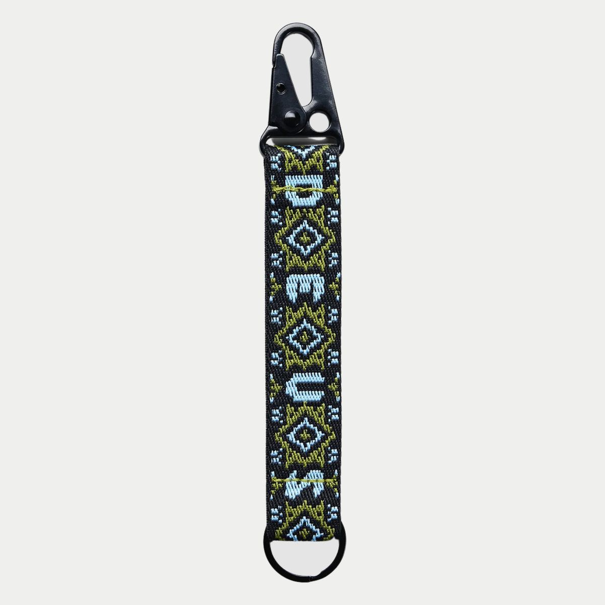Porte-clés Utah : sangle tissée noire à jacquard olive et bleu ciel, DEUS vertical, mousqueton à ressort et anneau en D