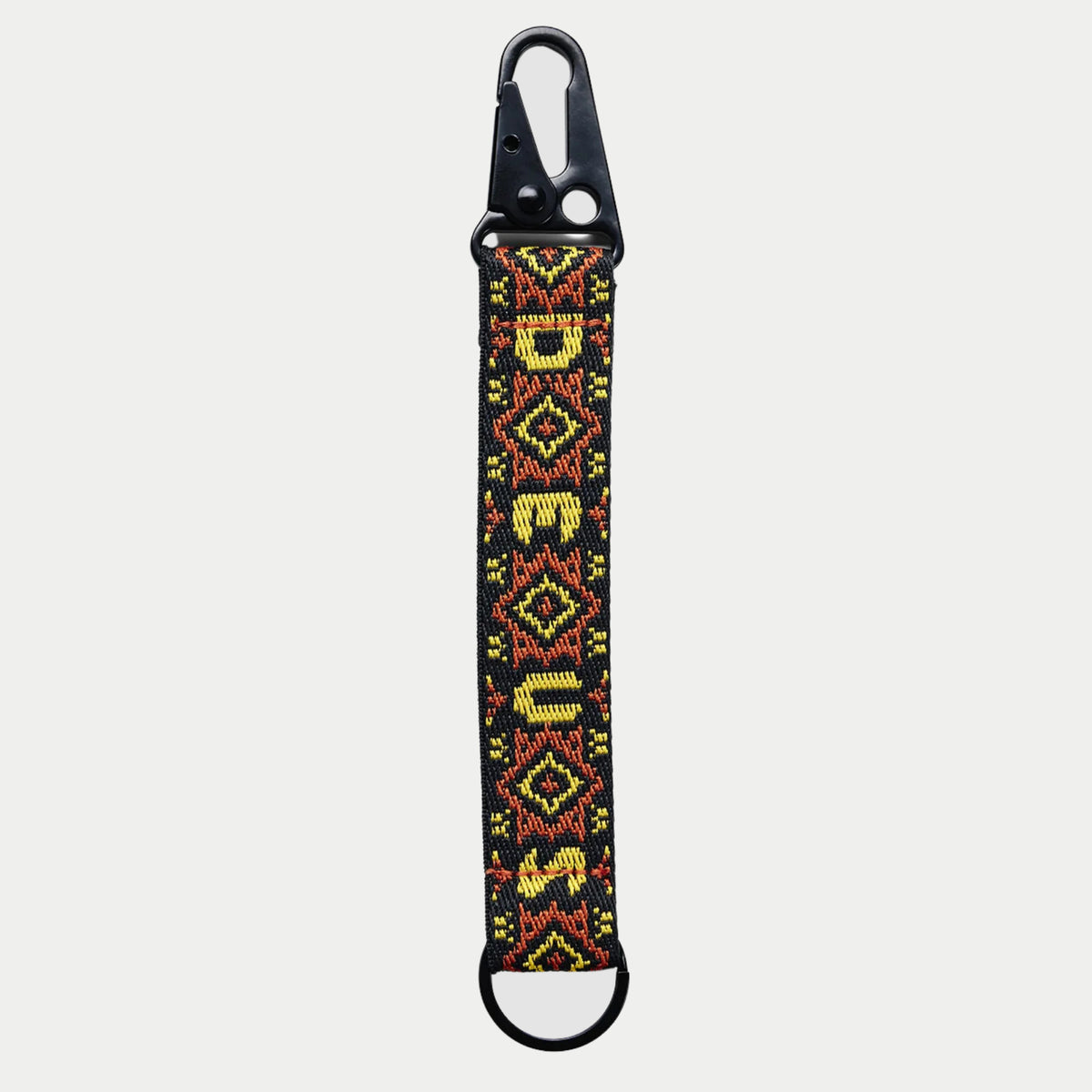 Porte-clés Utah Deus Ex Machina, sangle noire à jacquard rouge brique et jaune d'or, DEUS vertical, mousqueton à ressort, anneau en D