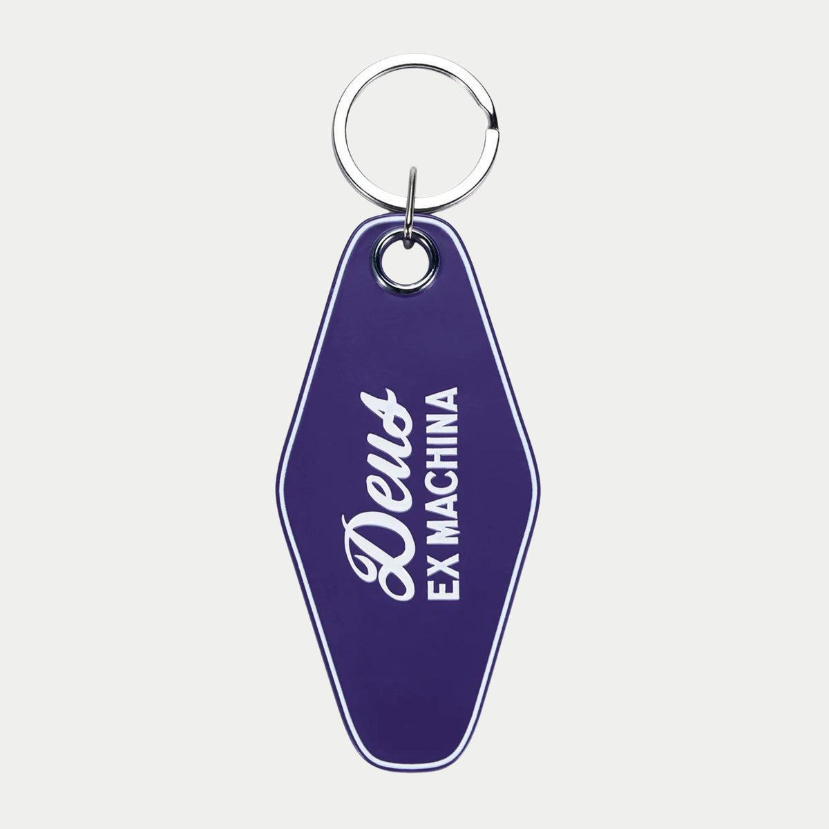 Porte-clés Venice violet indigo Deus Ex Machina - recto, logo Deus en cursive sur plaque losange émaillée et anneau chromé