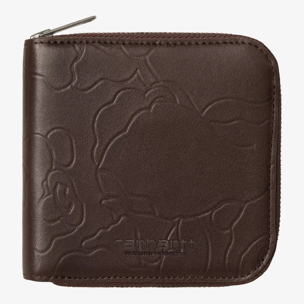 Portefeuille en cuir brun chocolat de face, camouflage embossé ton sur ton et logo script frappé en bas